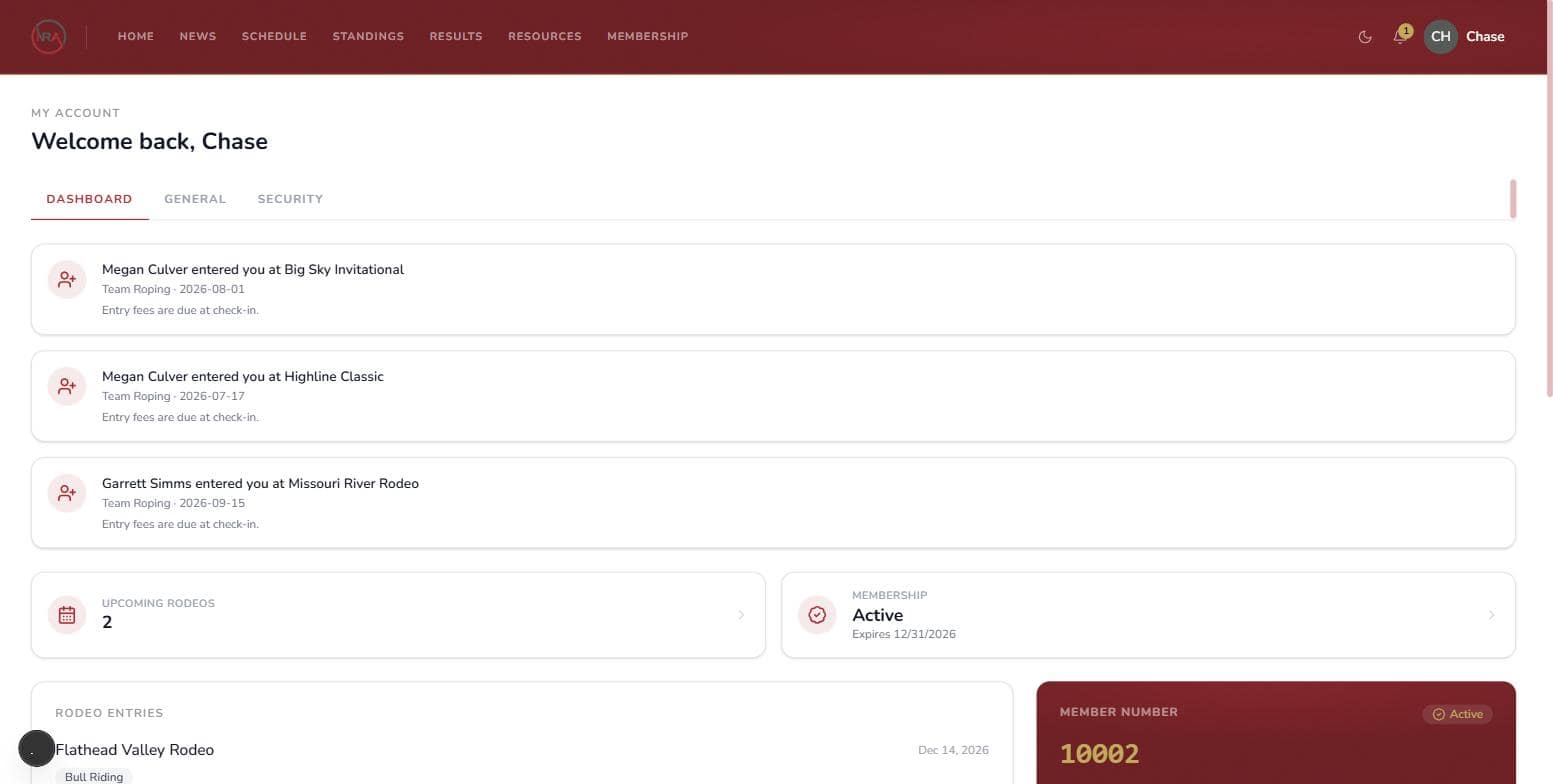 Your dashboard: entries, membership, your member number — and a tile when a partner enters you