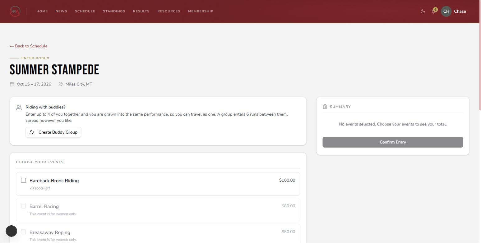 The entry form: open events with spots left, restricted ones greyed with the reason