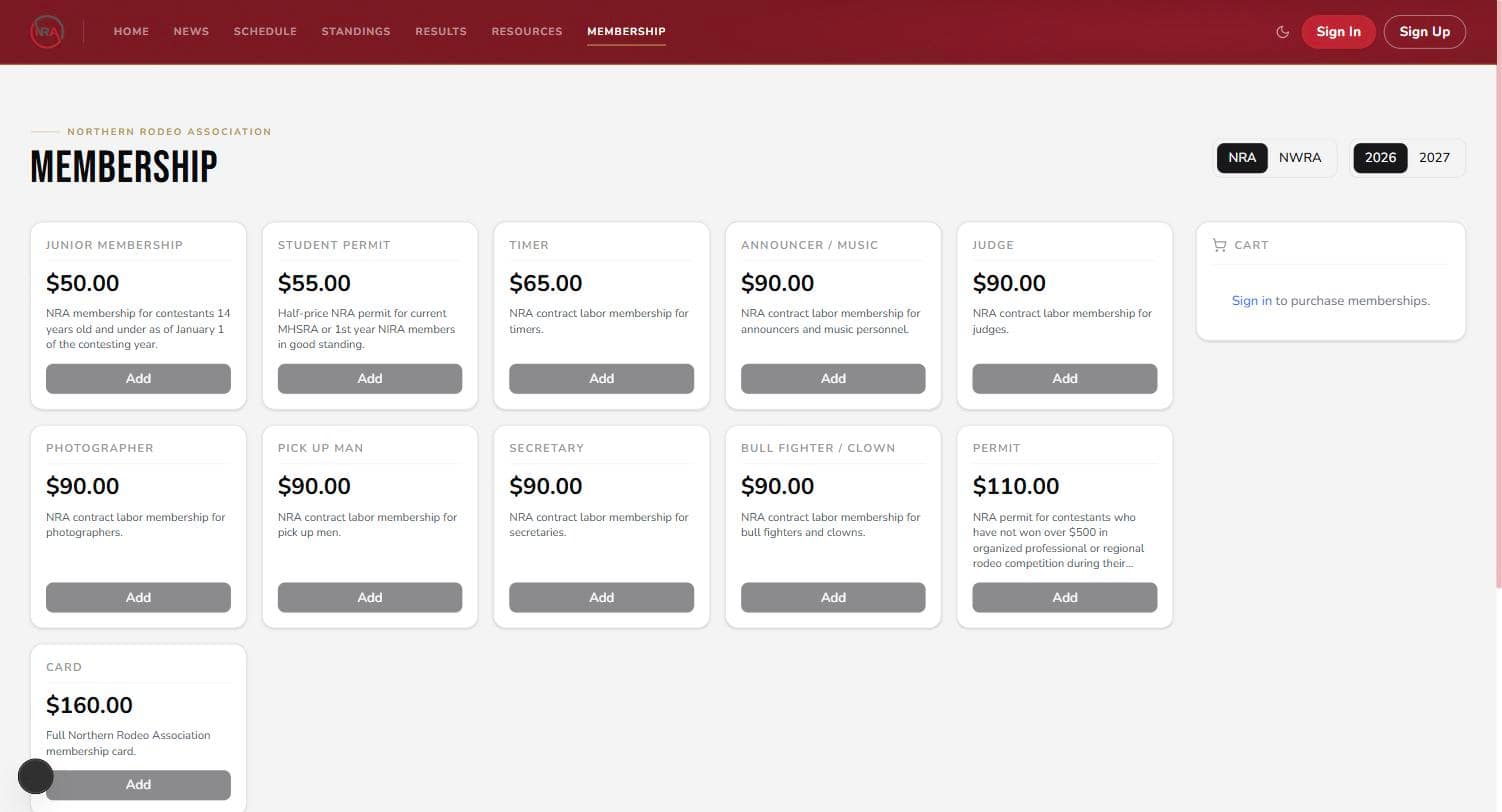 The membership page: the NRA/NWRA and year toggles, the catalog, and the cart