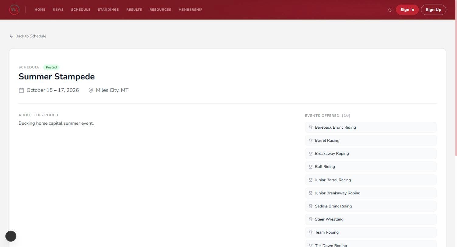 A rodeo's page, with the events it offers on the right